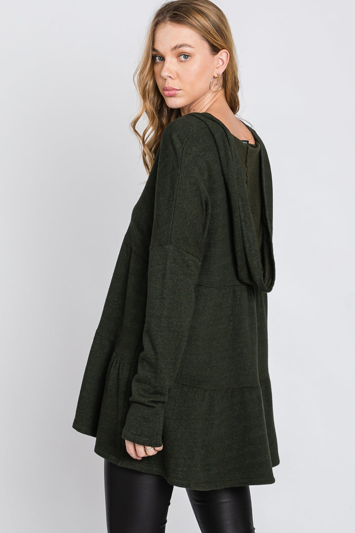 OLIVE FRECH TERRY LONG SLEEVES TIERED TUNIC HOODIE TOP SO3321T