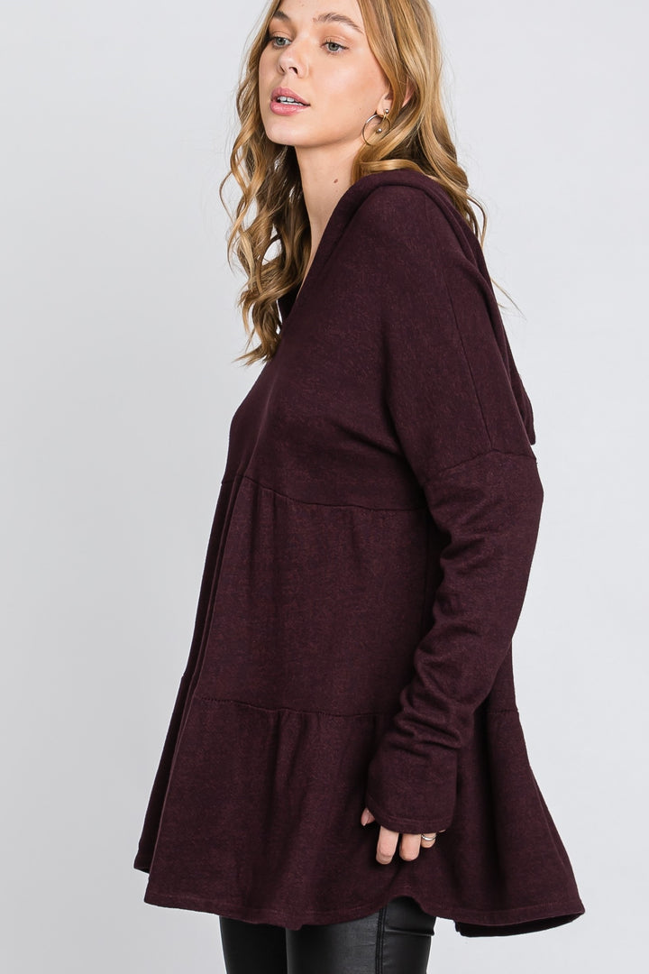 BURGUNDY FRECH TERRY LONG SLEEVES TIERED TUNIC HOODIE TOP SO3321T