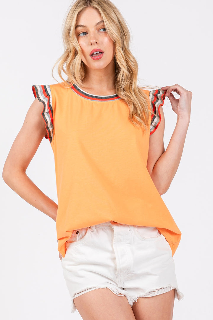 ORANGE STRIPE CONTRAST ROUND NECK SHIRRING SLEEVELESS TOP CFTT3040AG