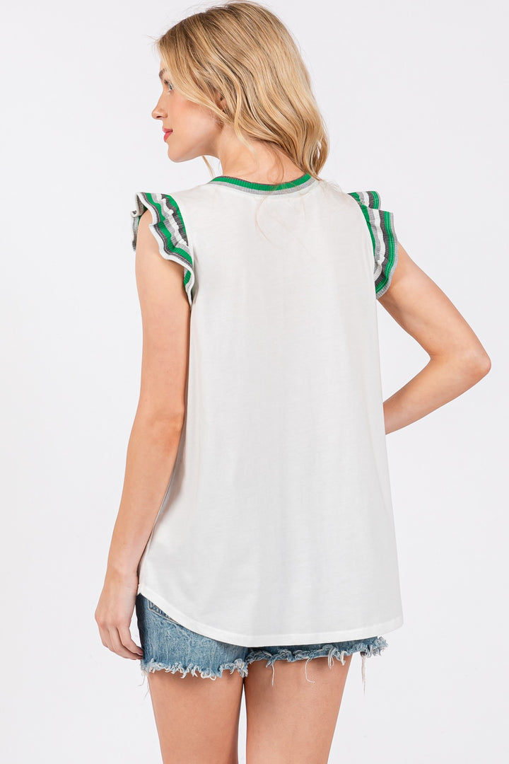 OFF WHITE STRIPE CONTRAST ROUND NECK SHIRRING SLEEVELESS TOP CFTT3040AG