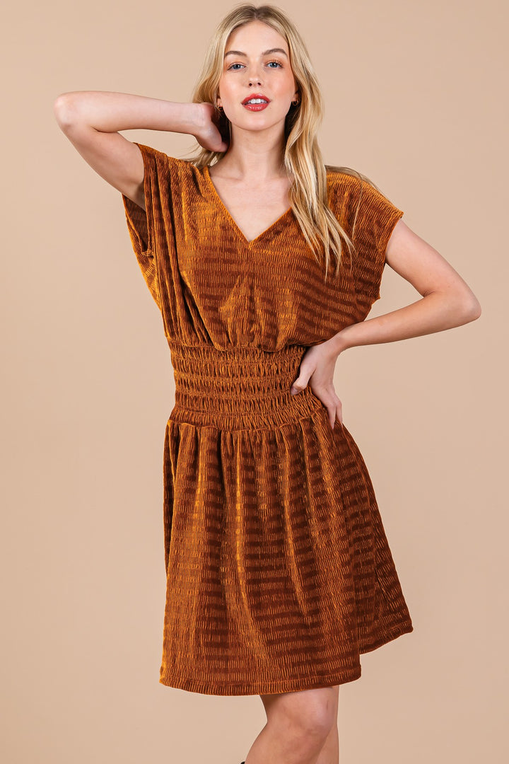 CAMEL TEXTURED KNIT SMOCKING DETAILED MINI DRESS CFDLU51382SA