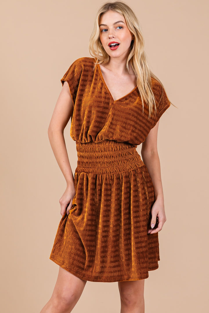 CAMEL TEXTURED KNIT SMOCKING DETAILED MINI DRESS CFDLU51382SA