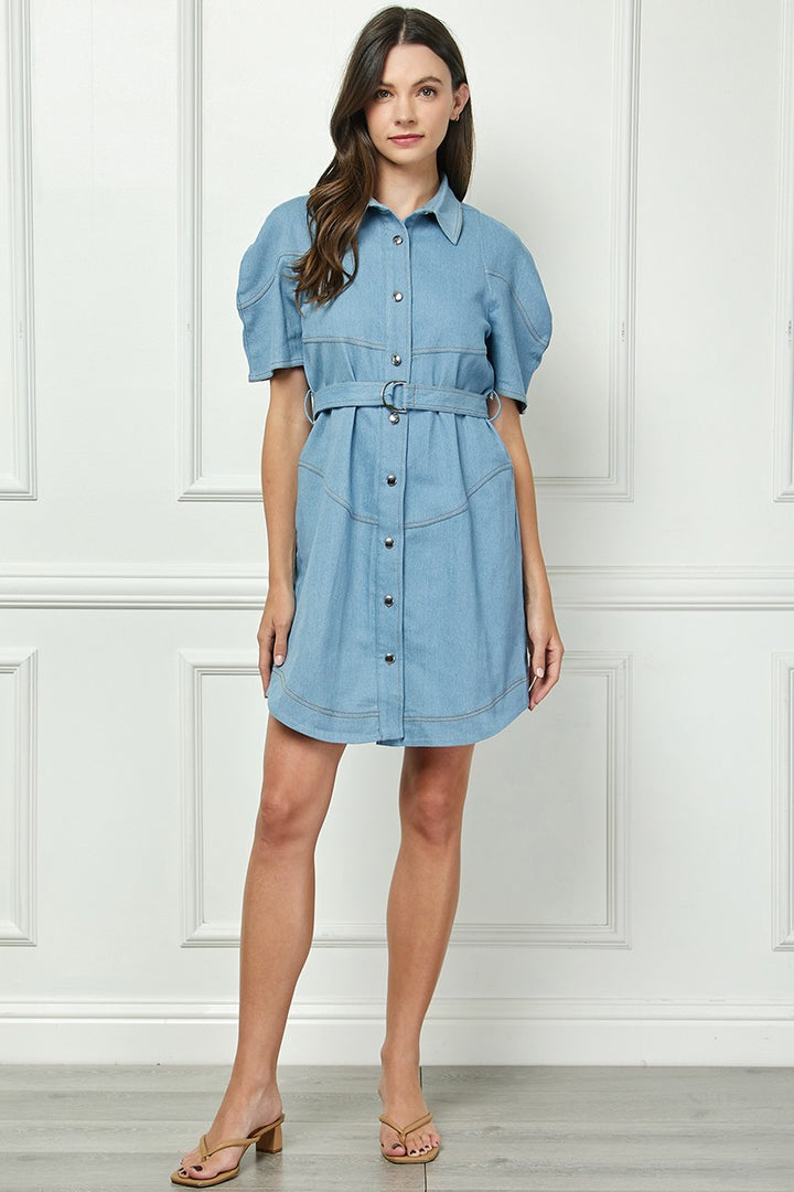 DENIM BLUE SHORT SLEEVES BUTTON DOWN MINI SHIRT DRESS AVD10535