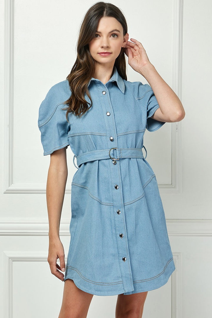 DENIM BLUE SHORT SLEEVES BUTTON DOWN MINI SHIRT DRESS AVD10535