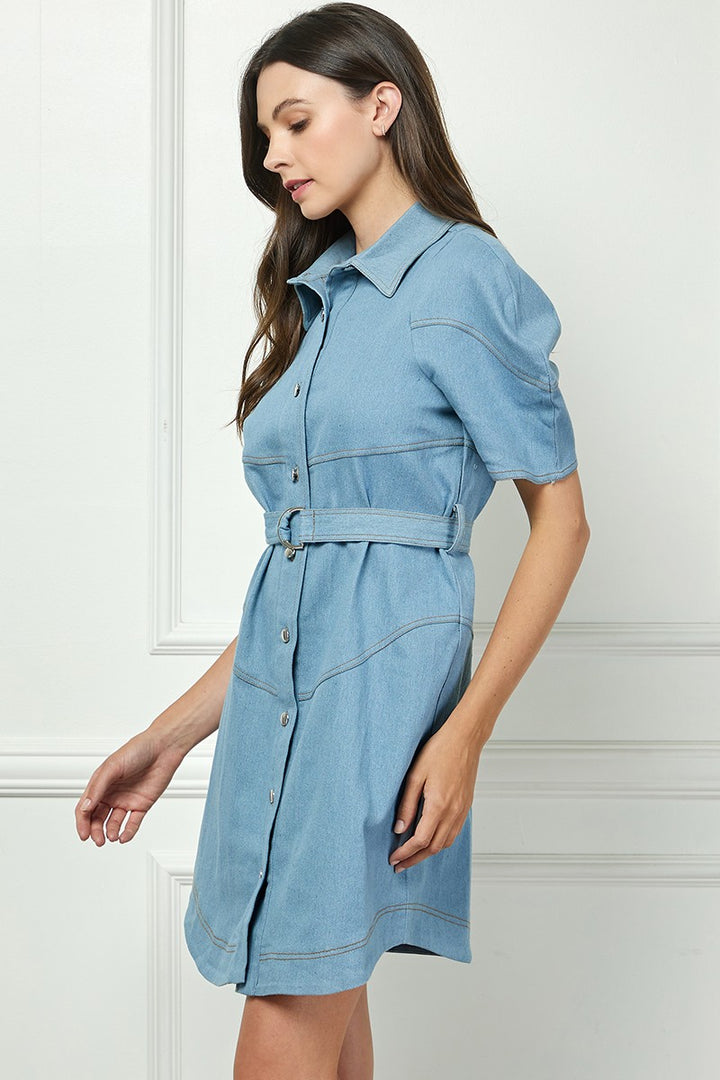 DENIM BLUE SHORT SLEEVES BUTTON DOWN MINI SHIRT DRESS AVD10535