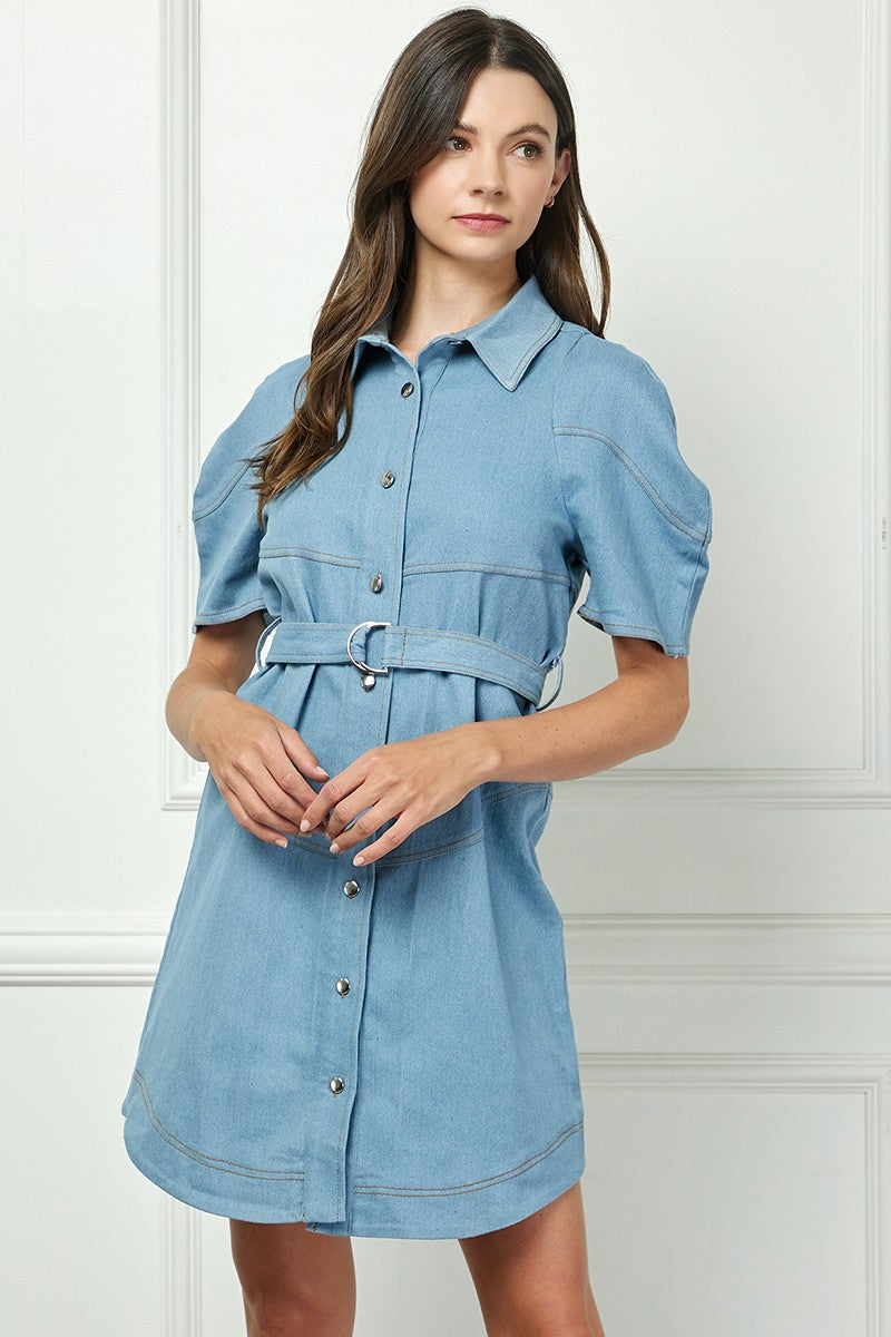 DENIM BLUE SHORT SLEEVES BUTTON DOWN MINI SHIRT DRESS AVD10535