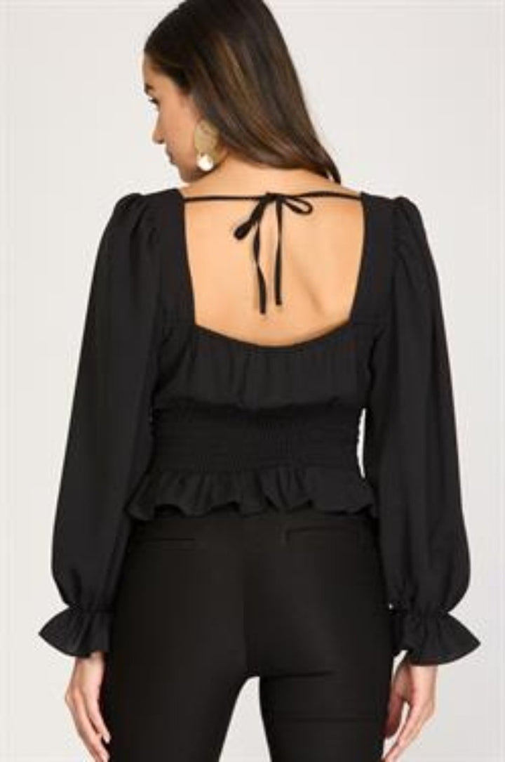 BLACK PUFF SLEEVES SMOCKED WAIST BACK DETAILED WOVEN TOP S8SS8588