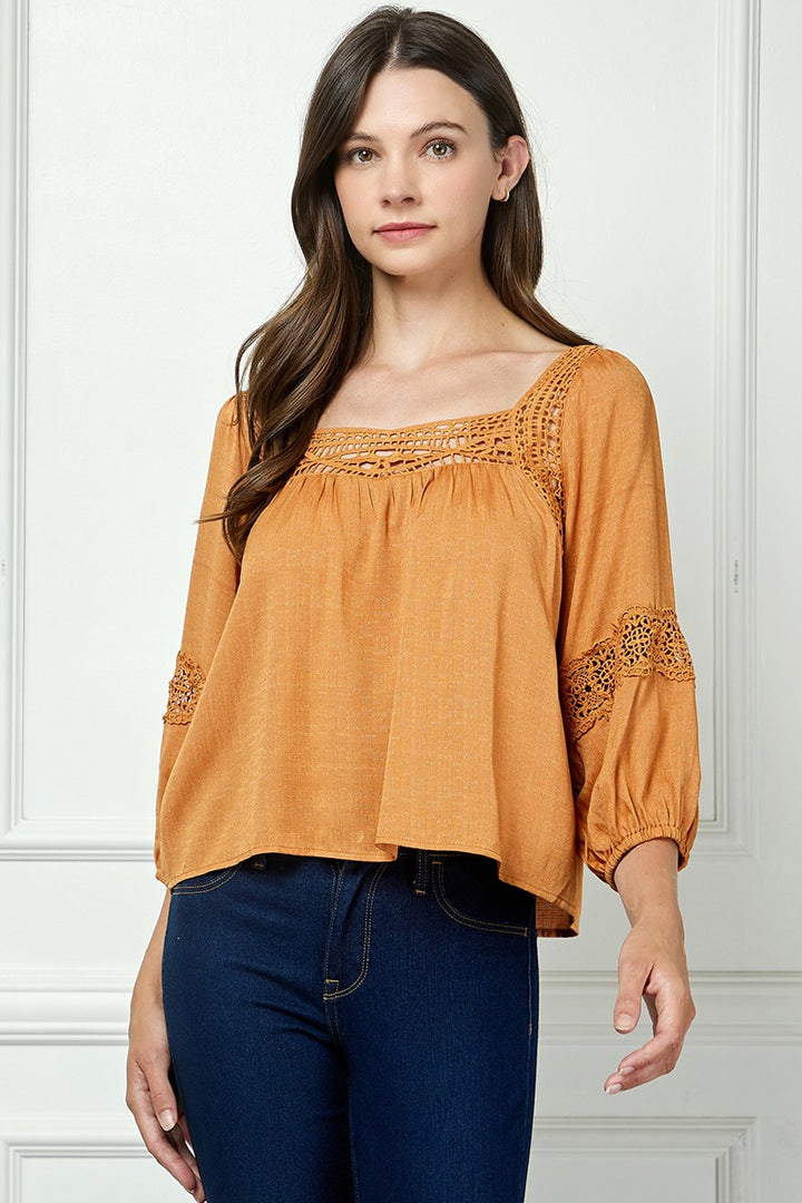 RUST SQUARE NECL LACE DETAILED 3/4 SLEEVES TOP AVT51111W