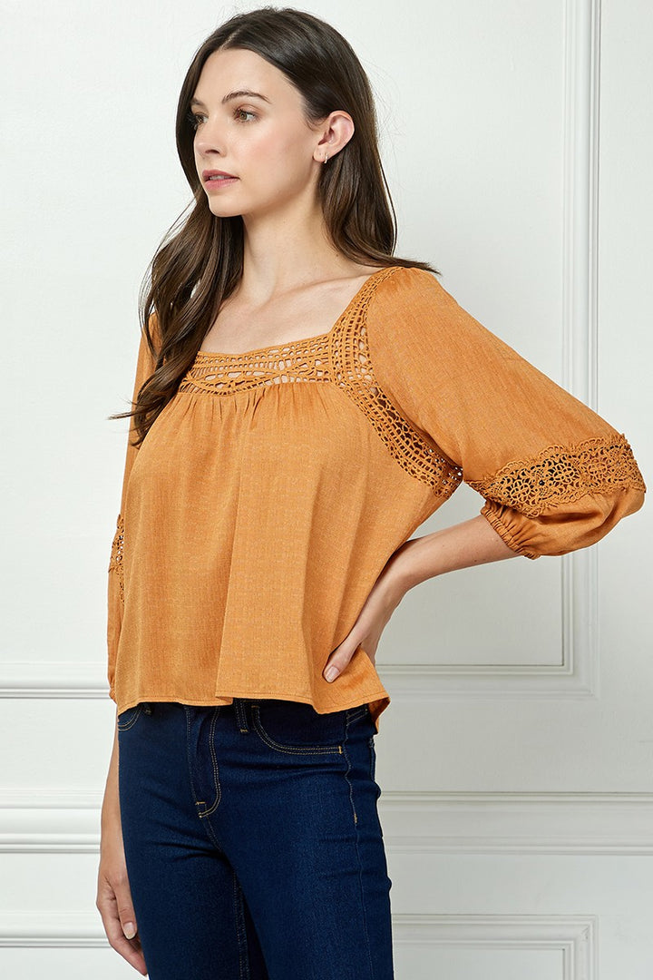 RUST SQUARE NECL LACE DETAILED 3/4 SLEEVES TOP AVT51111W