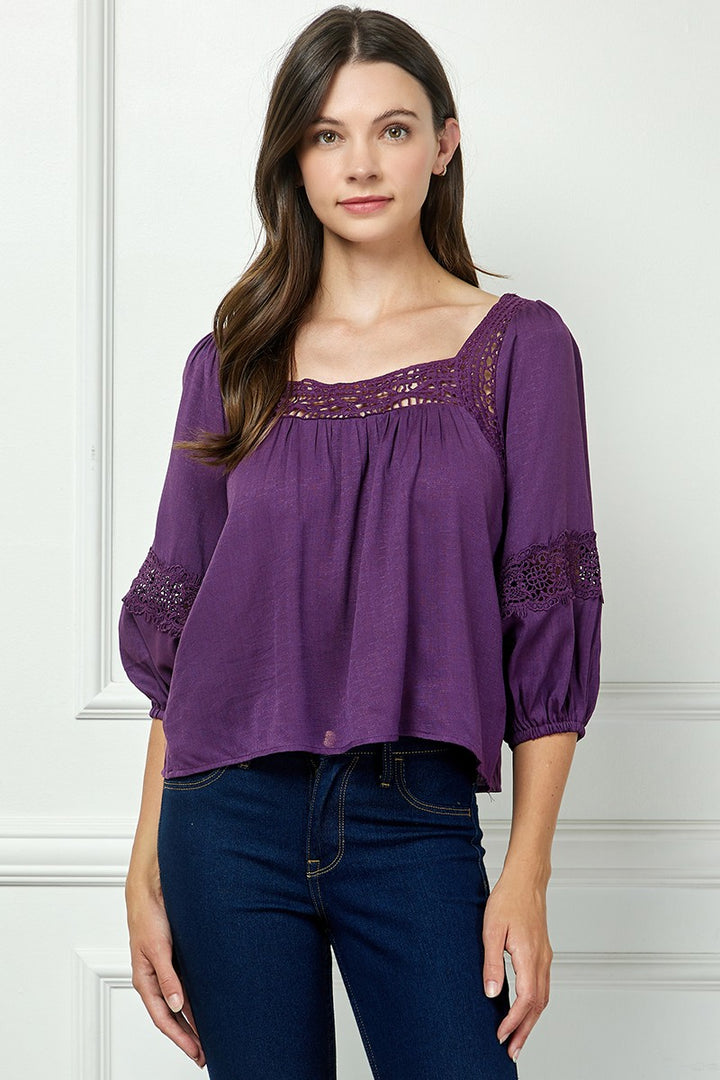 PLUM SQUARE NECL LACE DETAILED 3/4 SLEEVES TOP AVT51111W