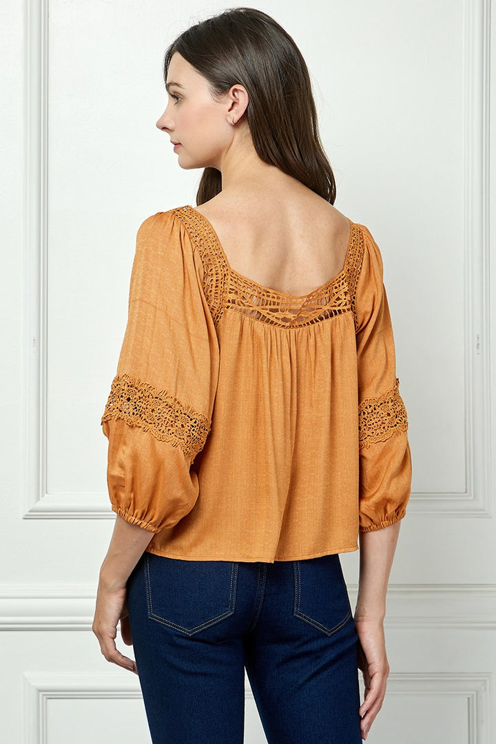 RUST SQUARE NECL LACE DETAILED 3/4 SLEEVES TOP AVT51111W