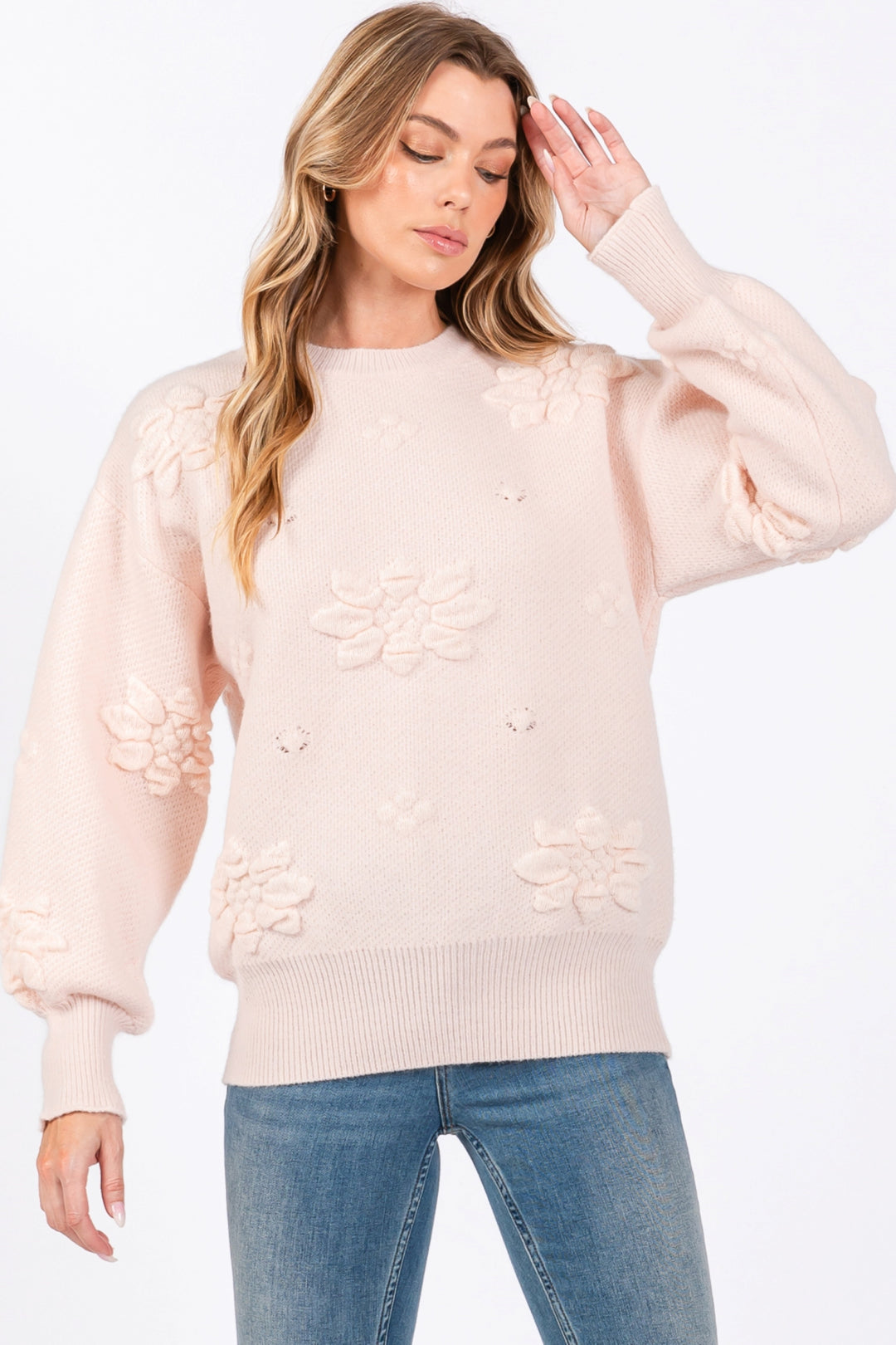 ROSE BOAT NECK FLORAL MOTIF LONG SLEEVES KNIT SWEATER SO7017T