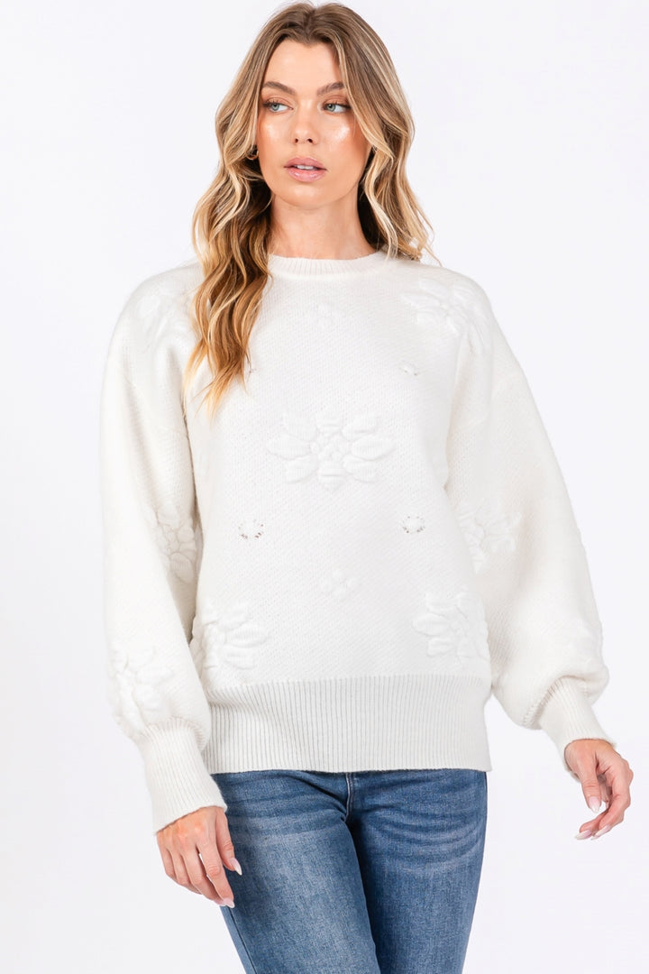 WHITE BOAT NECK FLORAL MOTIF LONG SLEEVES KNIT SWEATER SO7017T