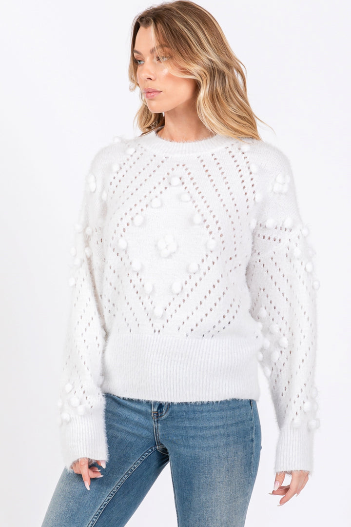 WHITE MOHAIR POM POM LONG SLEEVES SWEATER SO7013T