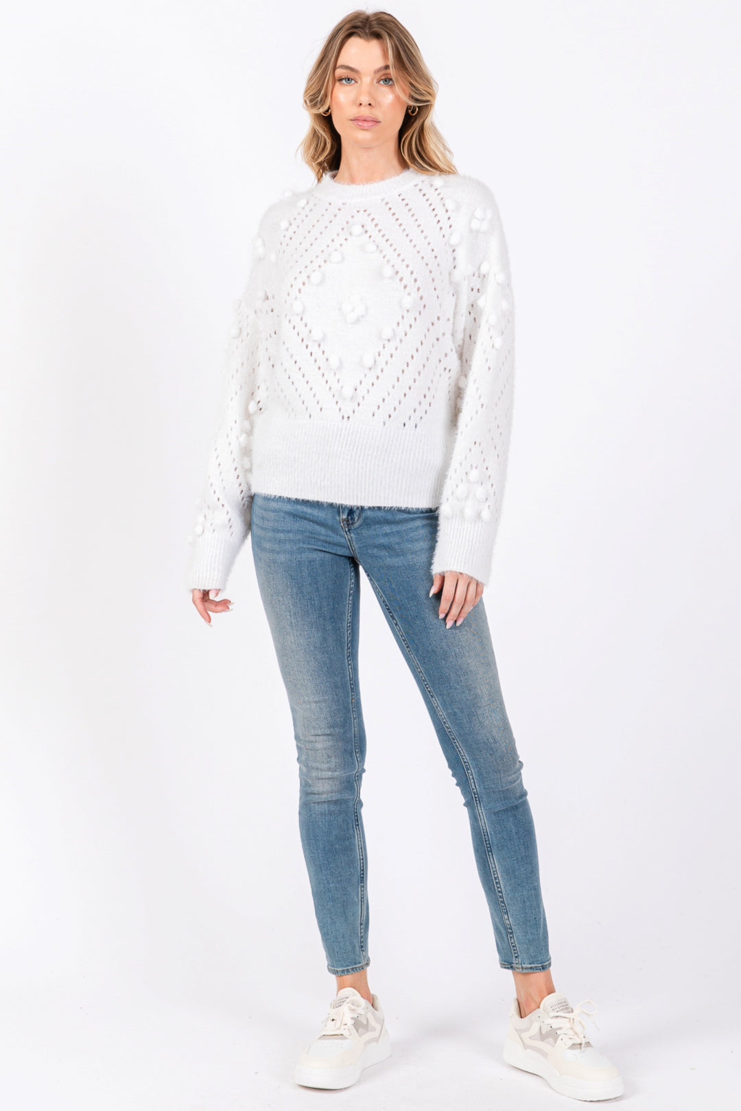 WHITE MOHAIR POM POM LONG SLEEVES SWEATER SO7013T