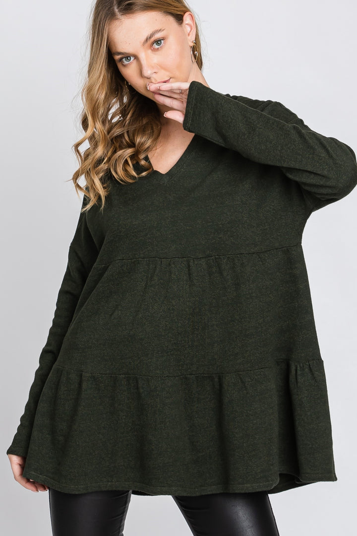 OLIVE FRECH TERRY LONG SLEEVES TIERED TUNIC HOODIE TOP SO3321T