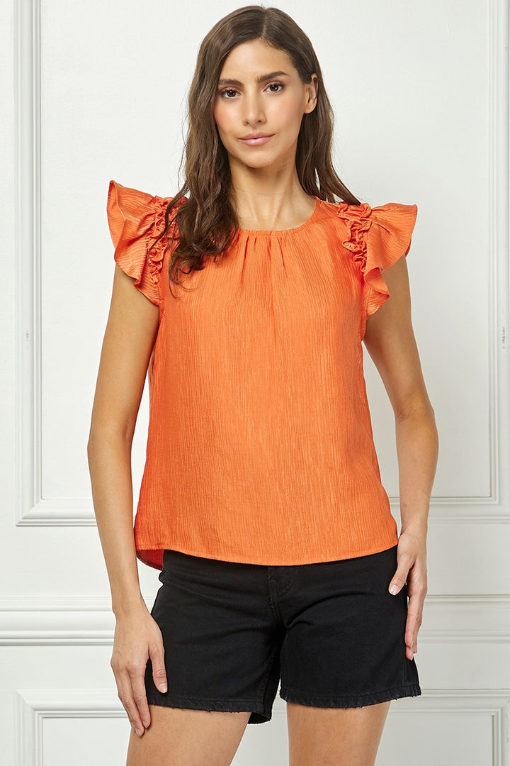 RUST PLEATED ROUND NECK SHORT RUFFLED SLEEVES TOP AVT51124