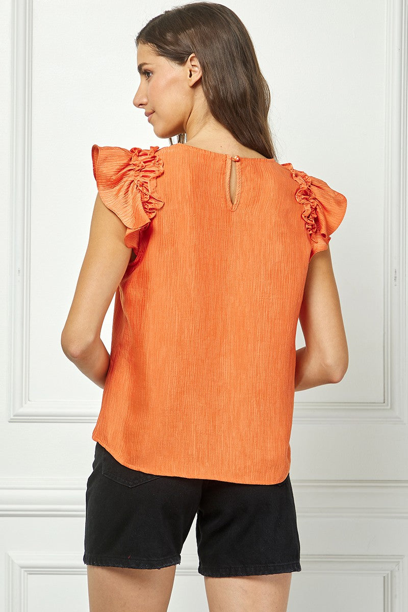 RUST PLEATED ROUND NECK SHORT RUFFLED SLEEVES TOP AVT51124