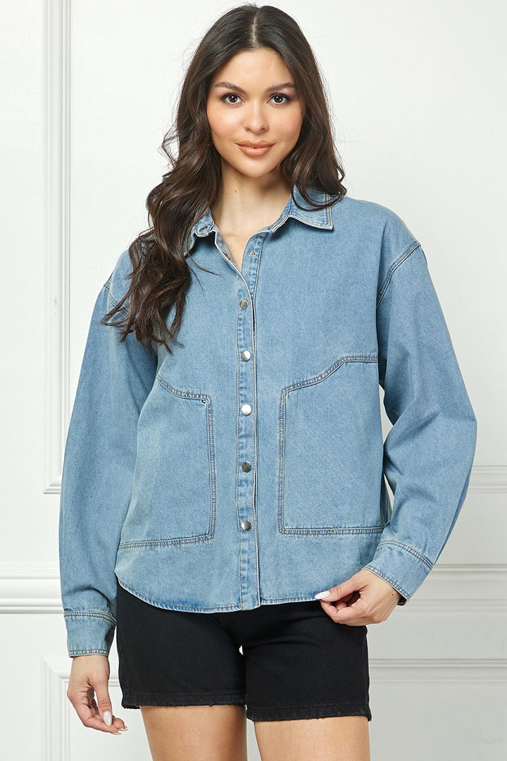 DENIM BLUE COLLARED LONG SLEEVES BUTTON DOWN SHACKET TOP AVB10588N