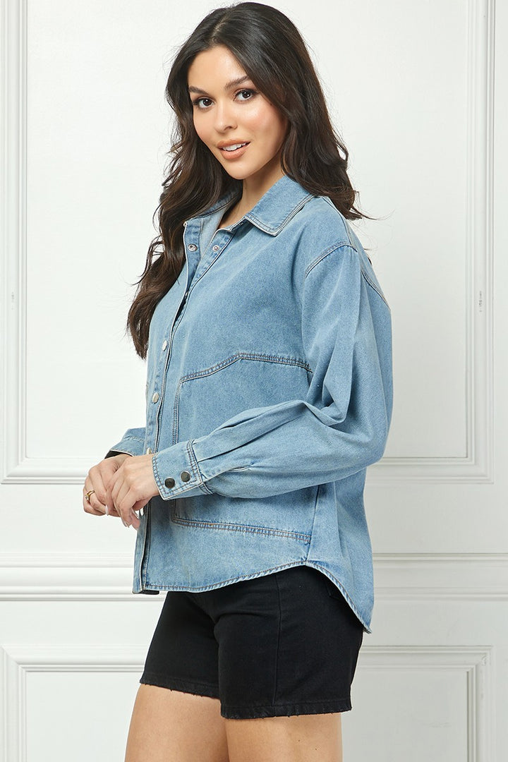 DENIM BLUE COLLARED LONG SLEEVES BUTTON DOWN SHACKET TOP AVB10588N