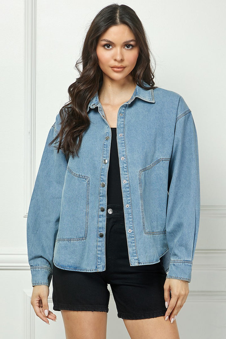 DENIM BLUE COLLARED LONG SLEEVES BUTTON DOWN SHACKET TOP AVB10588N