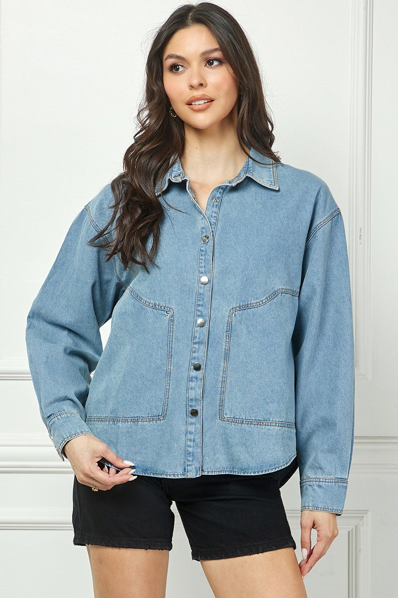 DENIM BLUE COLLARED LONG SLEEVES BUTTON DOWN SHACKET TOP AVB10588N