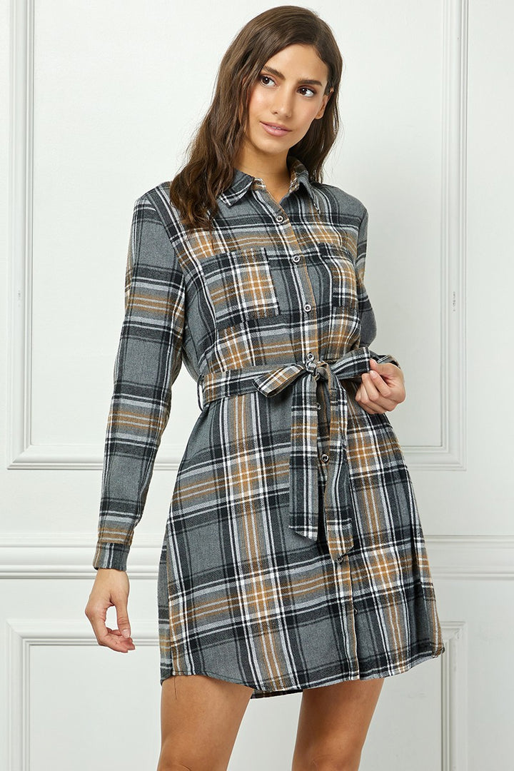 BLACK PLAID FLANNEL LONG SLEEVES BUTTON FRONT MINI DRESS AVD51580K