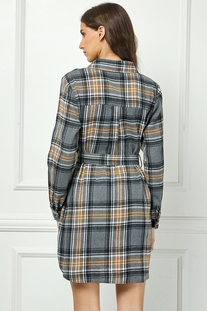 BLACK PLAID FLANNEL LONG SLEEVES BUTTON FRONT MINI DRESS AVD51580K