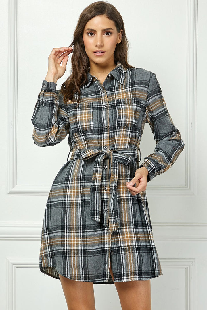 BLACK PLAID FLANNEL LONG SLEEVES BUTTON FRONT MINI DRESS AVD51580K