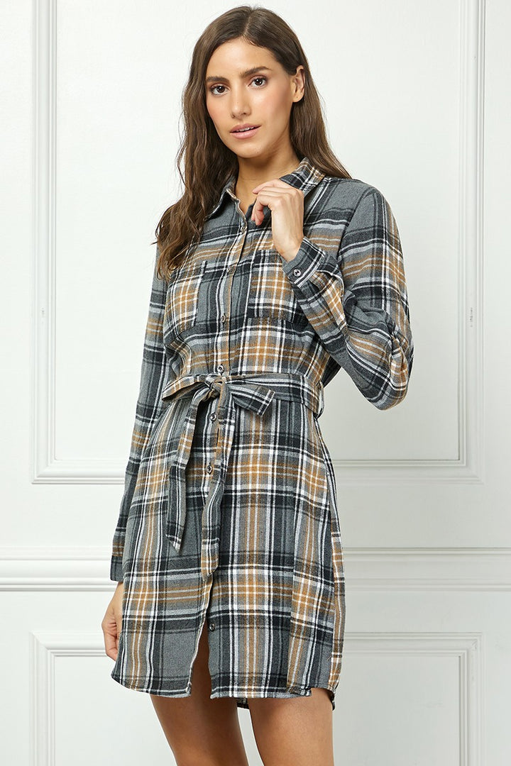 BLACK PLAID FLANNEL LONG SLEEVES BUTTON FRONT MINI DRESS AVD51580K