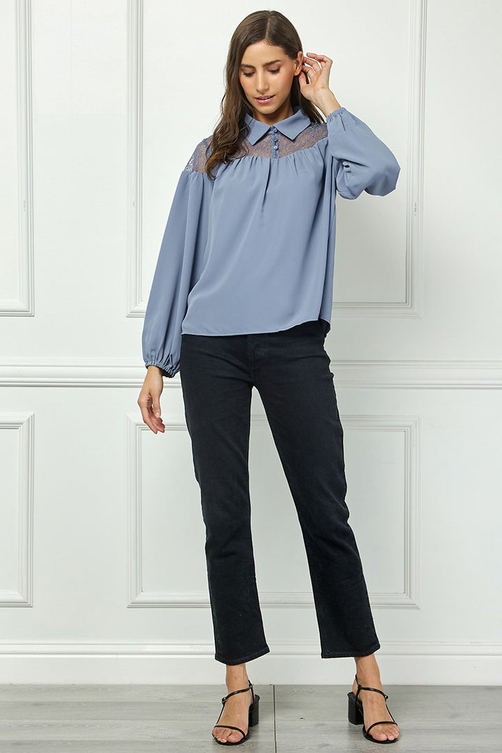 BLUE LONG SLEEVES LACE YOKE DETAILED TOP AVT10586W