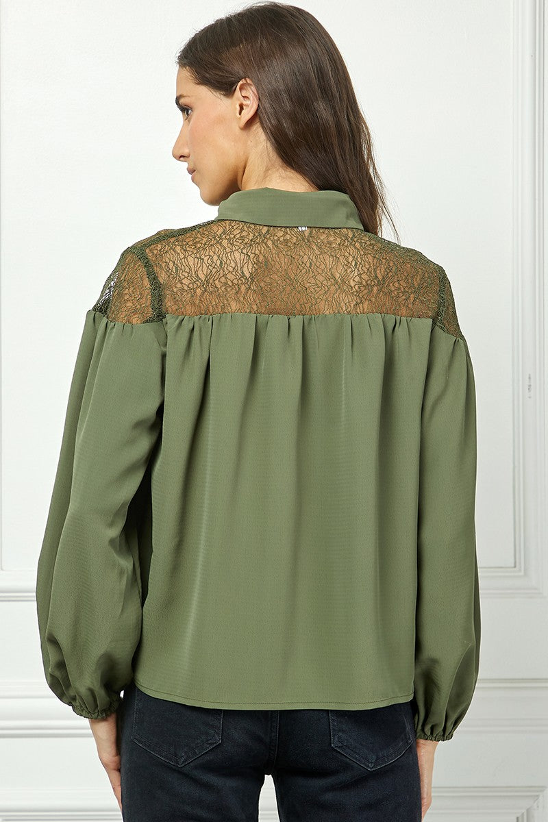 OLIVE LONG SLEEVES LACE YOKE DETAILED TOP AVT10586W