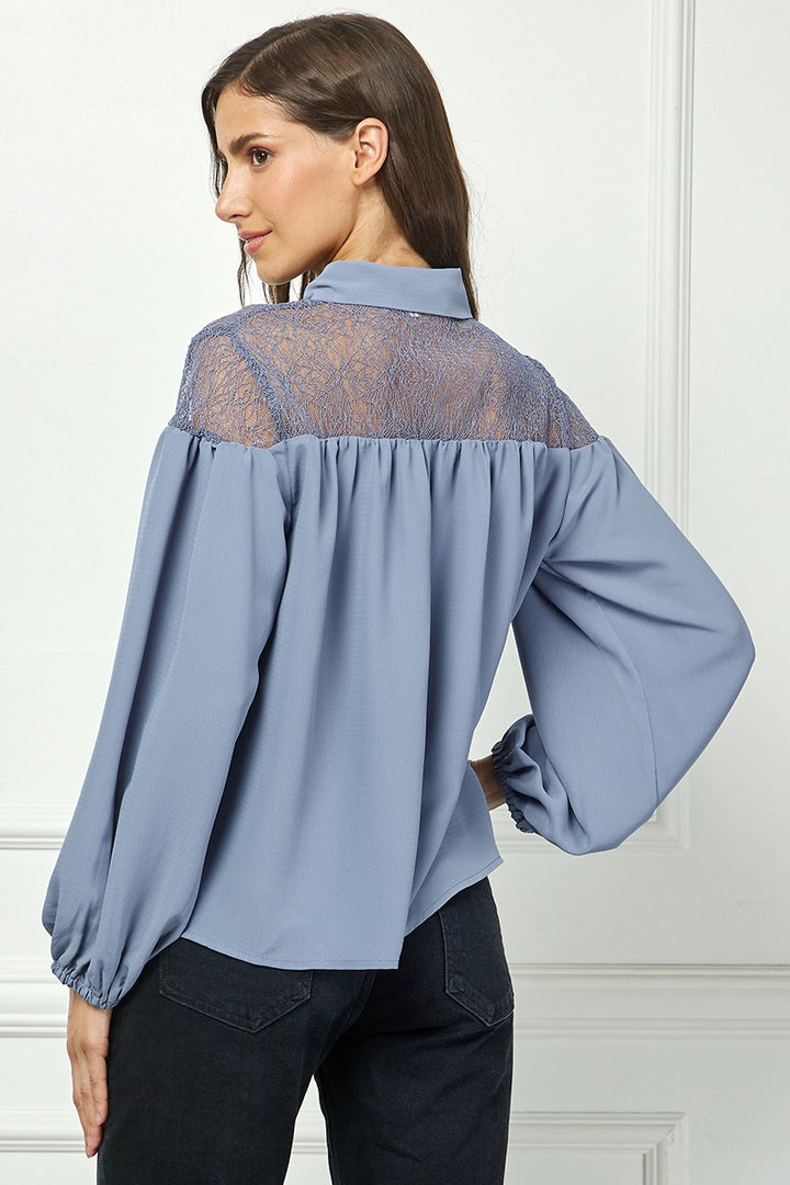 BLUE LONG SLEEVES LACE YOKE DETAILED TOP AVT10586W