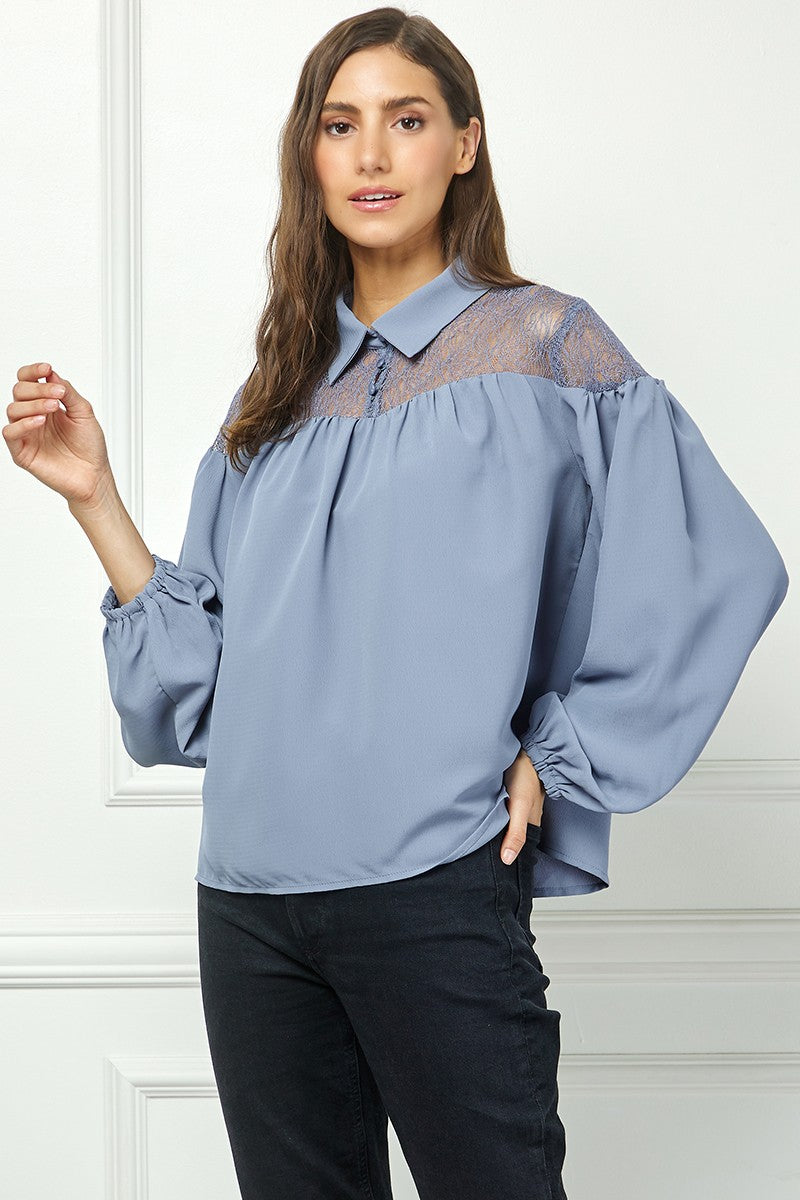 BLUE LONG SLEEVES LACE YOKE DETAILED TOP AVT10586W