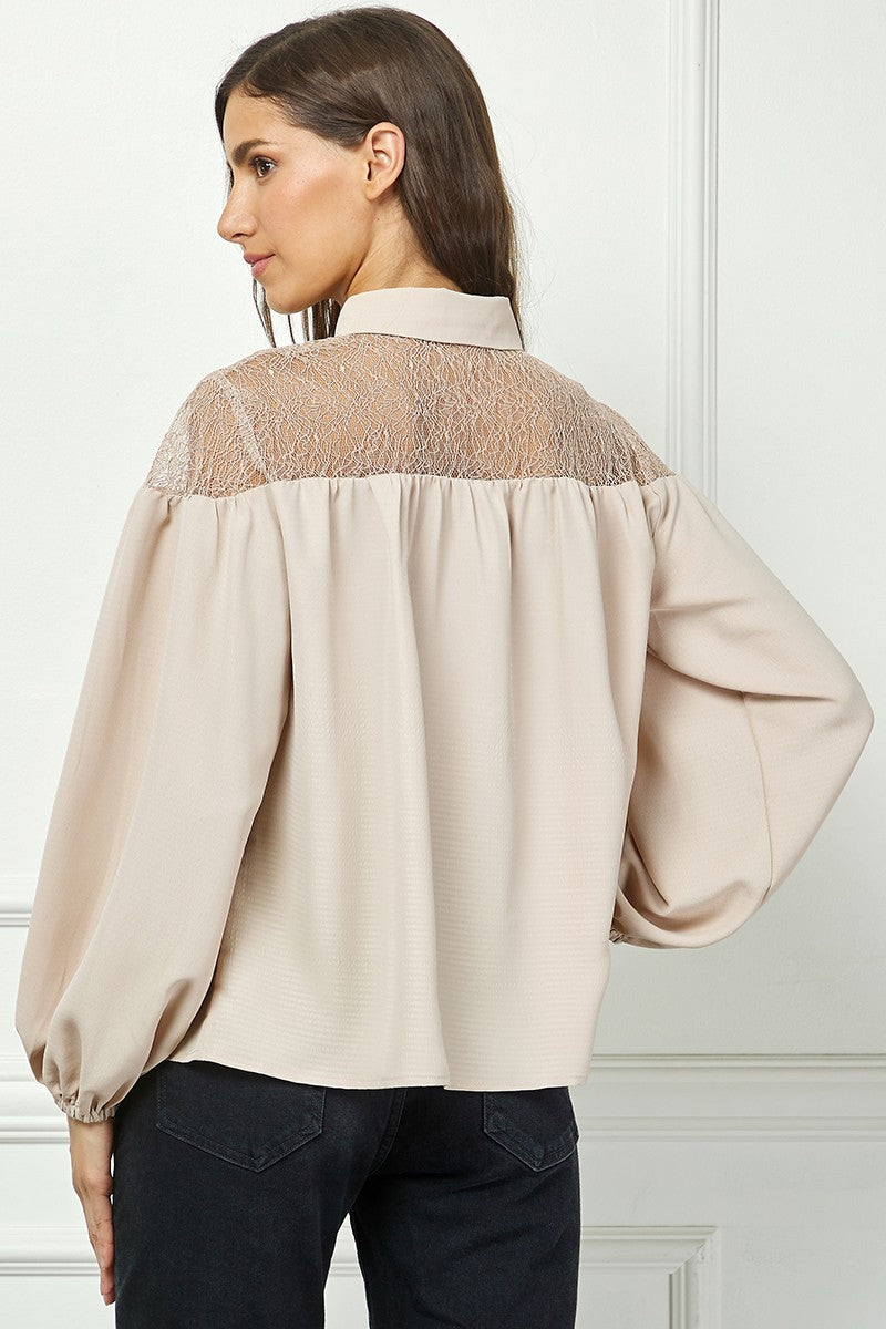 TAUPE LONG SLEEVES LACE YOKE DETAILED TOP AVT10586W