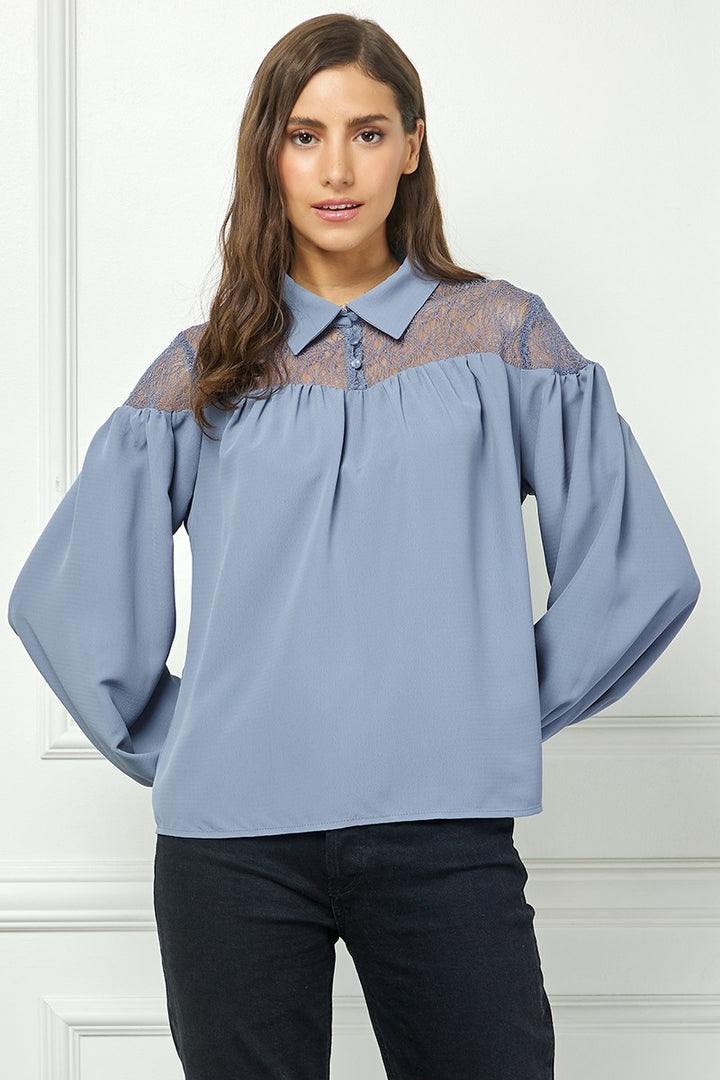 BLUE LONG SLEEVES LACE YOKE DETAILED TOP AVT10586W