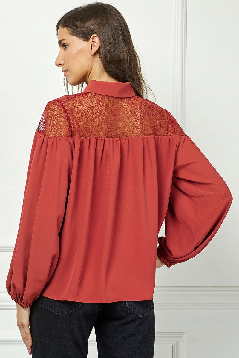 RUST LONG SLEEVES LACE YOKE DETAILED TOP AVT10586W