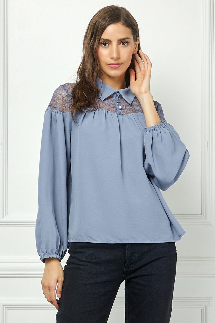 BLUE LONG SLEEVES LACE YOKE DETAILED TOP AVT10586W