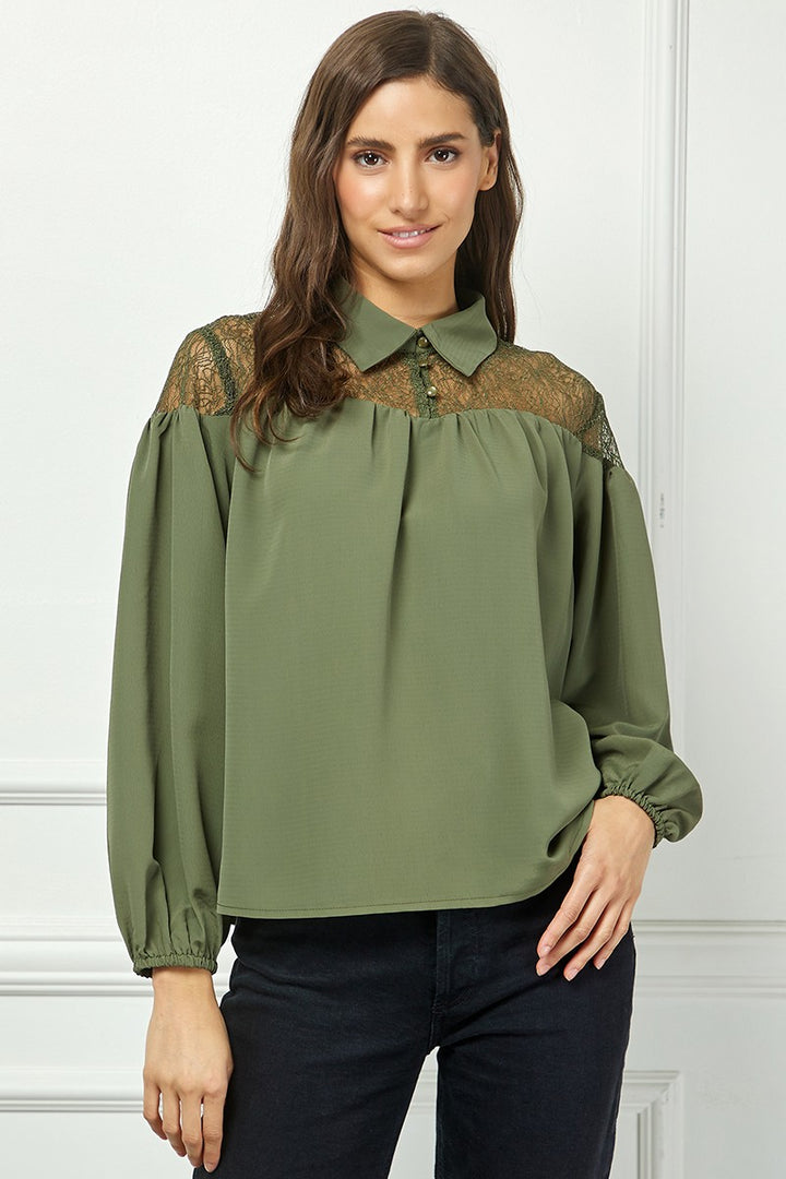 OLIVE LONG SLEEVES LACE YOKE DETAILED TOP AVT10586W