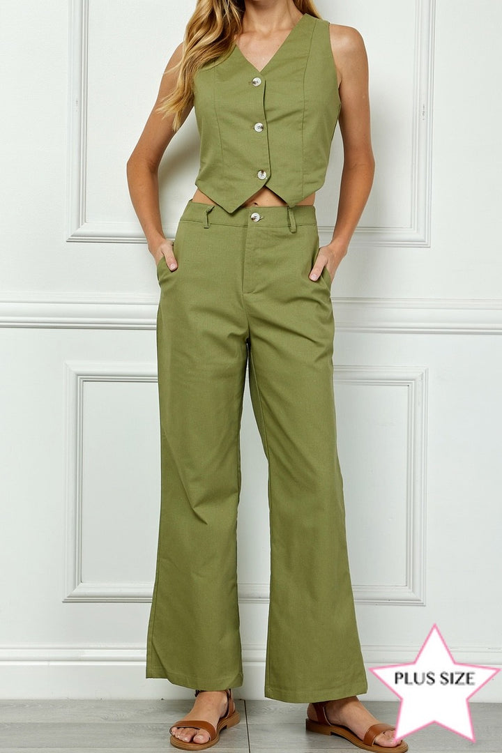 OLIVE VEST AND MID-RISE PANTS PLUS SIZE SET AVV51135WX