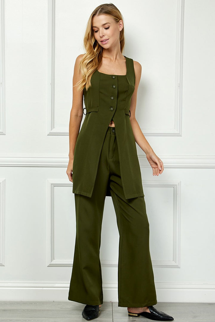 OLIVE SLEEVELESS SPLIT FRONT VEST AND MID-RISE PANTS SET AVV51141W