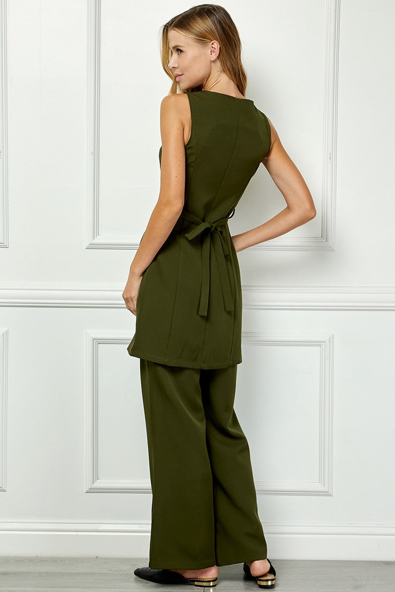 OLIVE SLEEVELESS SPLIT FRONT VEST AND MID-RISE PANTS SET AVV51141W