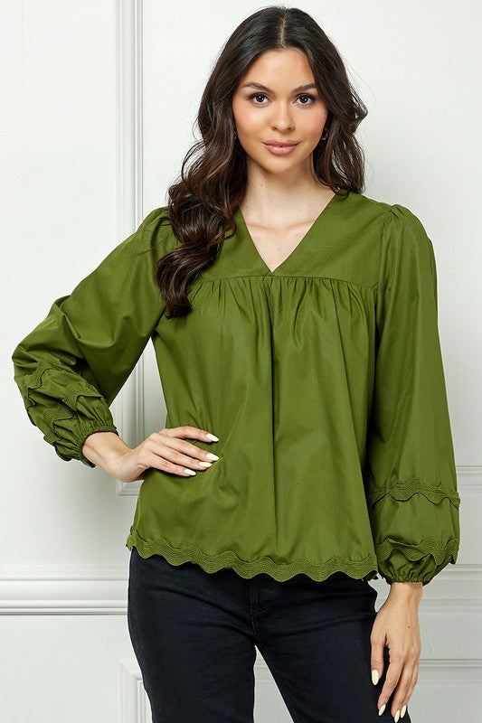 OLIVE V-NECK RIC-RAC DETAILED LONG SLEEVES TOP AVT10599W