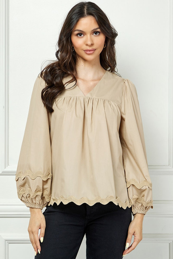 TAUPE V-NECK RIC-RAC DETAILED LONG SLEEVES TOP AVT10599W