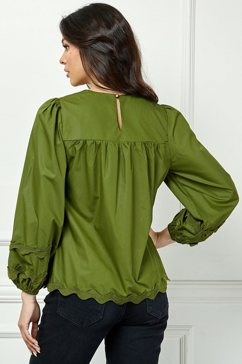 OLIVE V-NECK RIC-RAC DETAILED LONG SLEEVES TOP AVT10599W