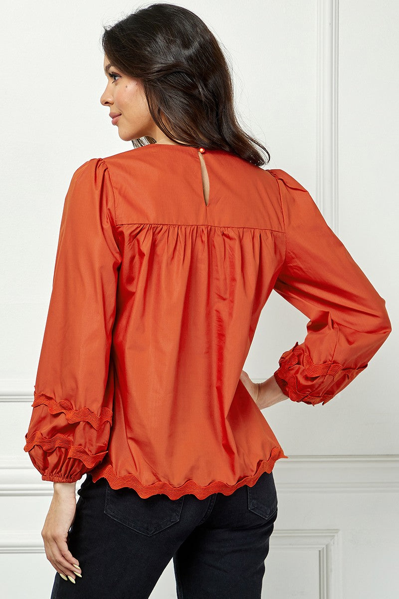 RUST V-NECK RIC-RAC DETAILED LONG SLEEVES TOP AVT10599W