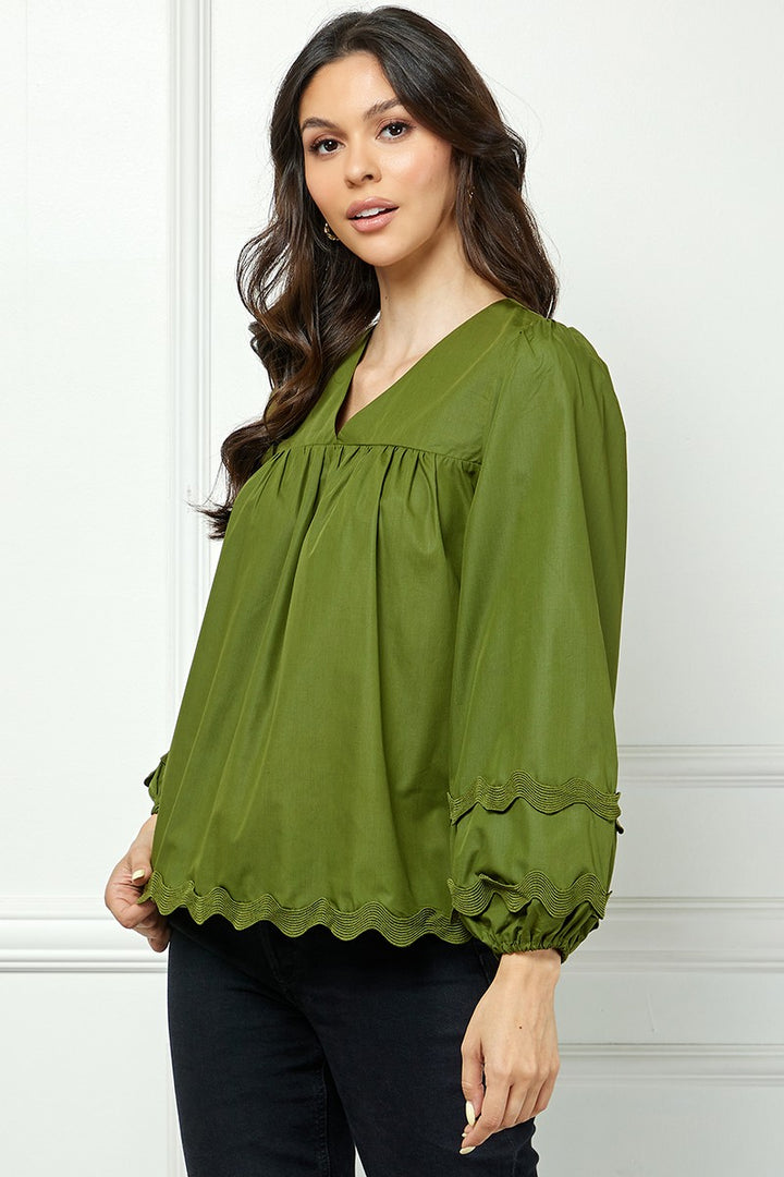 OLIVE V-NECK RIC-RAC DETAILED LONG SLEEVES TOP AVT10599W