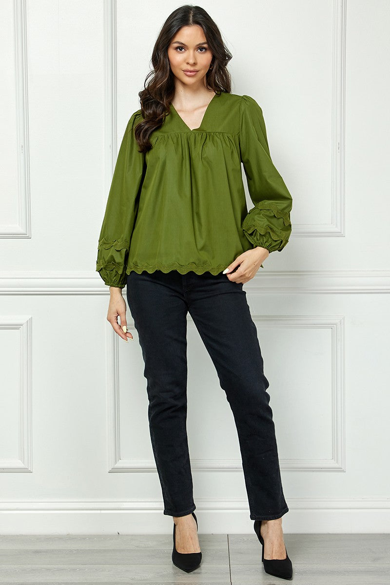 OLIVE V-NECK RIC-RAC DETAILED LONG SLEEVES TOP AVT10599W