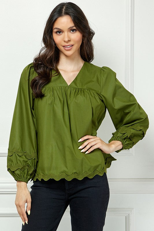 OLIVE V-NECK RIC-RAC DETAILED LONG SLEEVES TOP AVT10599W