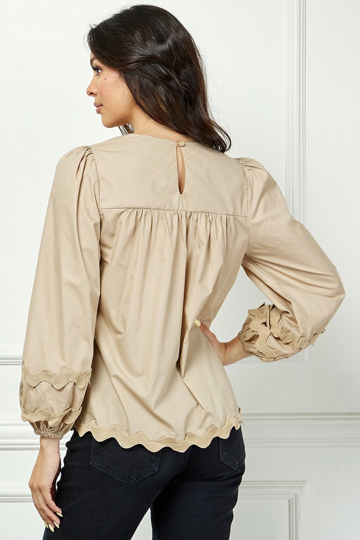 TAUPE V-NECK RIC-RAC DETAILED LONG SLEEVES TOP AVT10599W